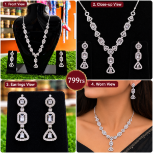 Elegant Silver-Tone Black Stone Necklace Set