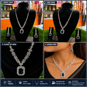 Elegant Silver & Blue Stone Necklace Set