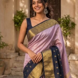 Elegant Pink & Navy Blue Saree with Rich Gold Zari Border