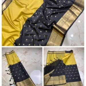 legant Mustard Yellow & Navy Blue Saree with Rich Gold Zari Border