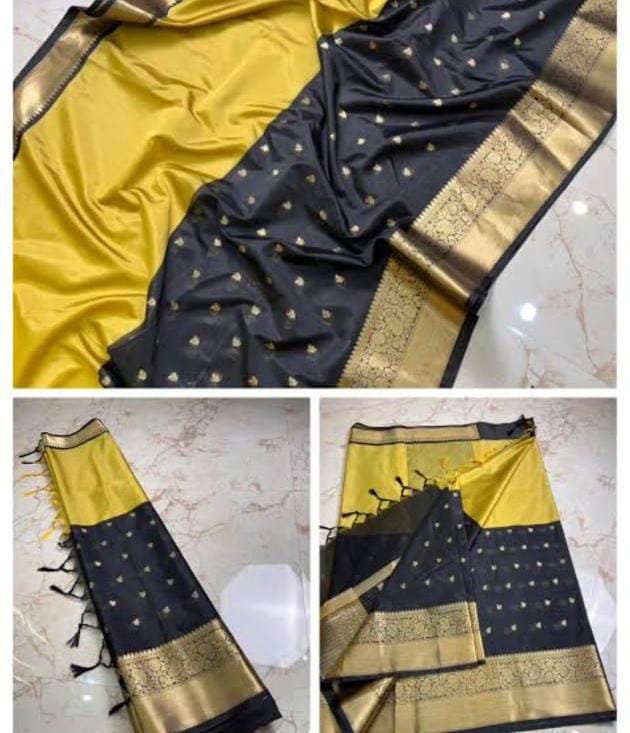 legant Mustard Yellow & Navy Blue Saree with Rich Gold Zari Border