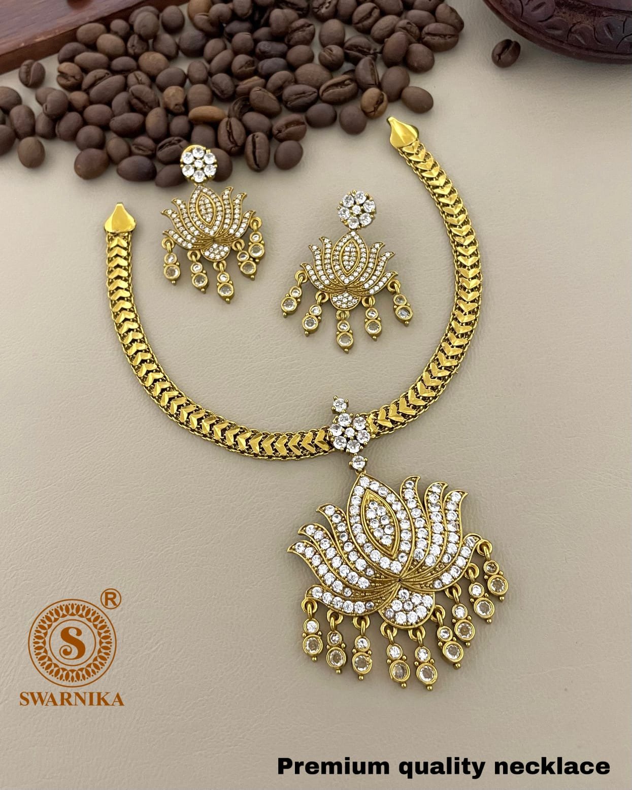 Premium Gold-Tone Lotus Design Necklace & Earrings Set