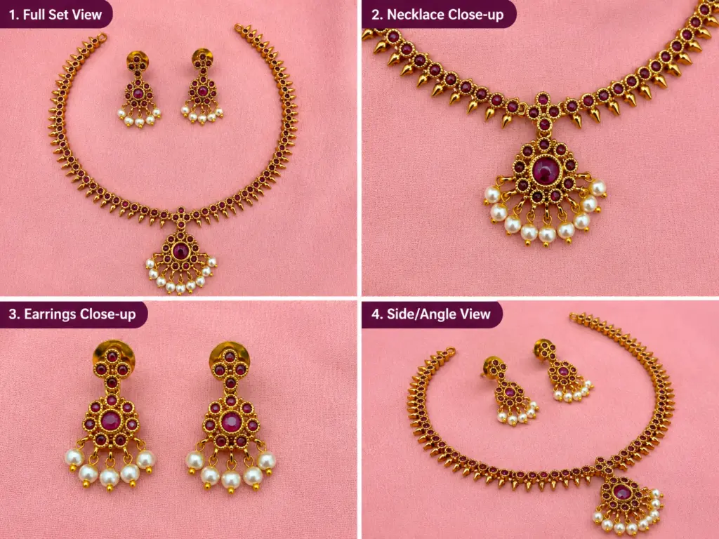 Ruby Stone Gold-Tone Necklace & Earring Set – Description