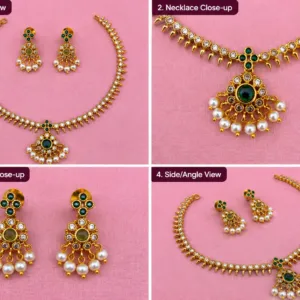Green Stone Gold Tone Necklace & Earring Set – Description