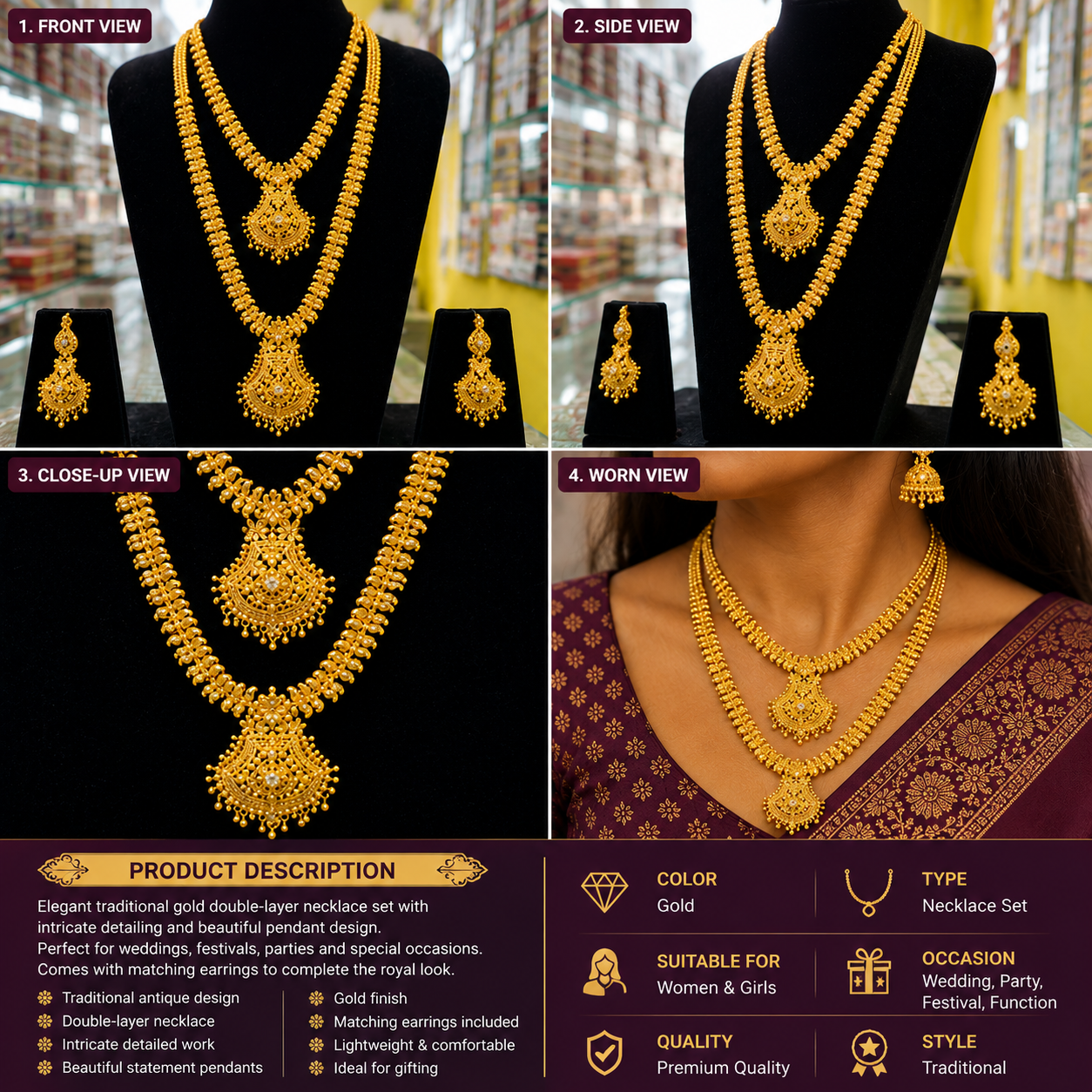 Traditional Gold Double-Layer Designer Necklace Set