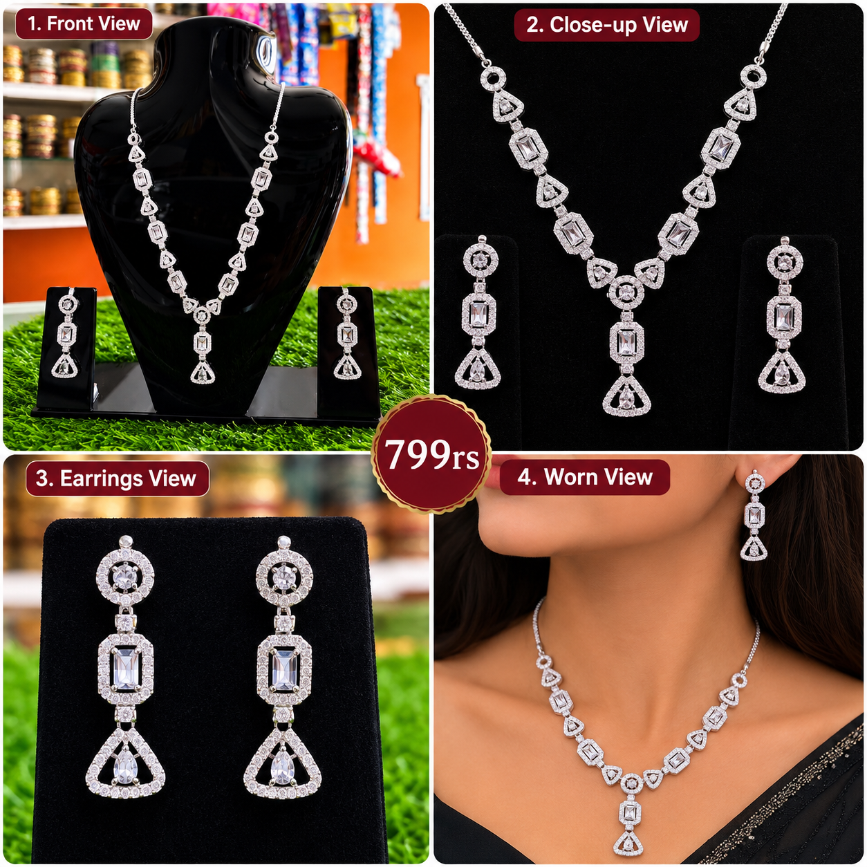 Elegant Silver-Tone Black Stone Necklace Set