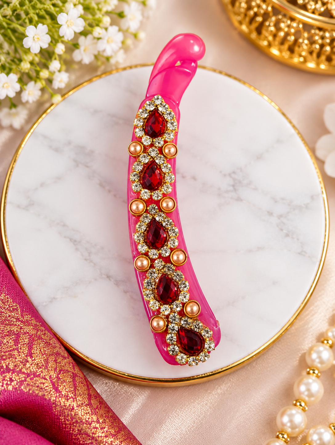 Elegant Pink Hair Clip with Ruby & Crystal Embellishments