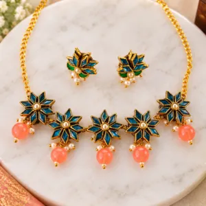 Beautiful Blue & Green Floral Necklace Set