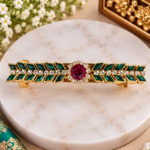 Elegant Green & Red Stone Hair Clip