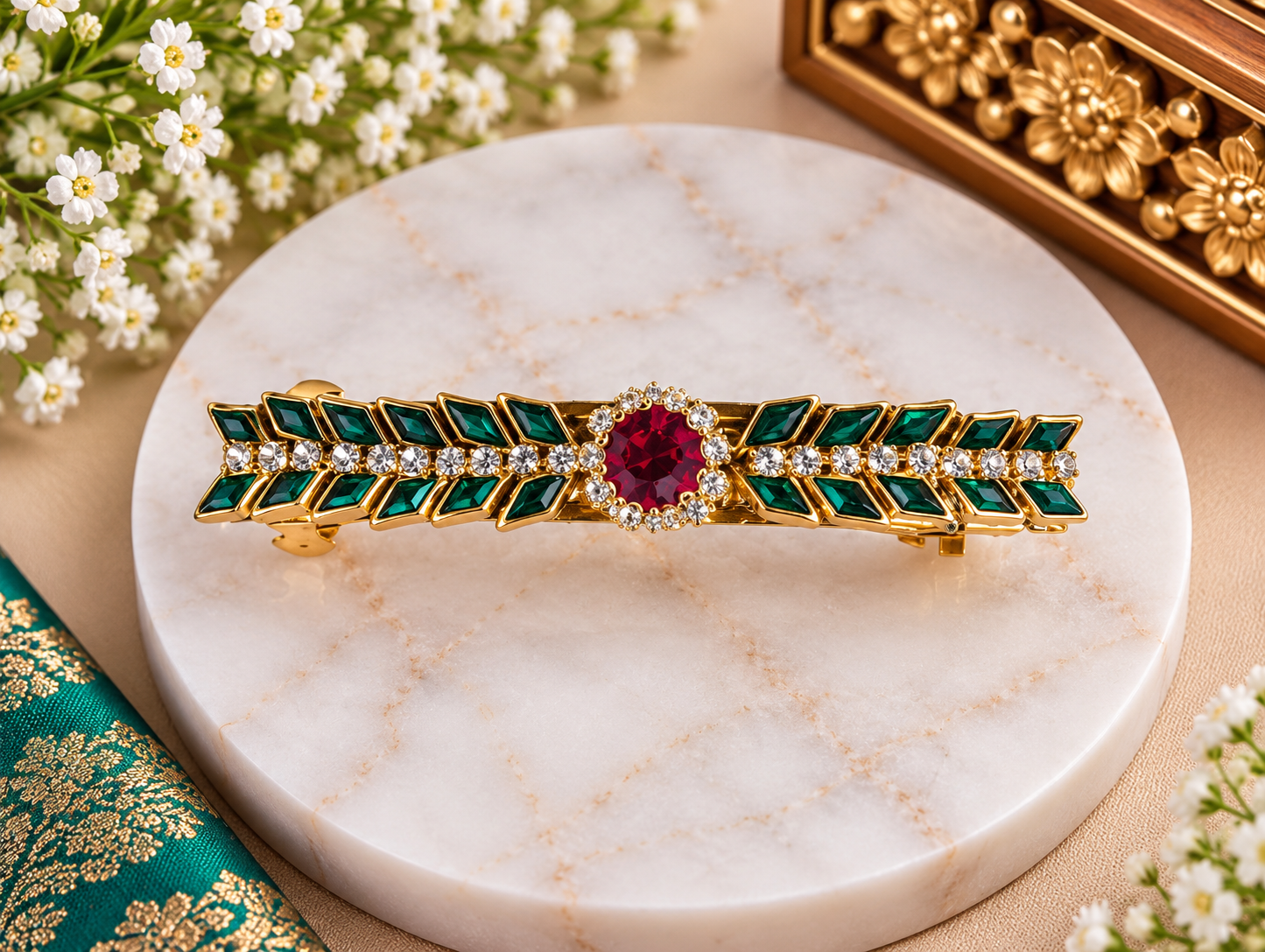 Elegant Green & Red Stone Hair Clip