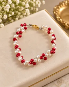 Elegant Red & White Beaded Bracelet
