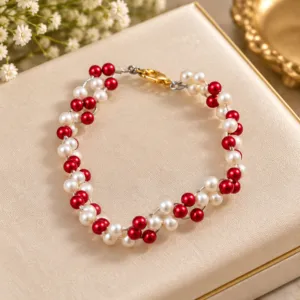 Elegant Red & White Beaded Bracelet