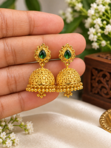 Green Stone Gold Jhumka Earrings