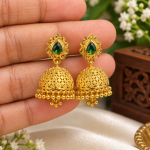 Green Stone Gold Jhumka Earrings