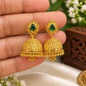 Green Stone Gold Jhumka Earrings