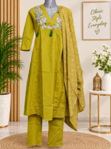 Mustard Green Embroidered Kurta Set