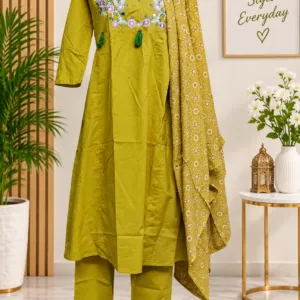 Mustard Green Embroidered Kurta Set