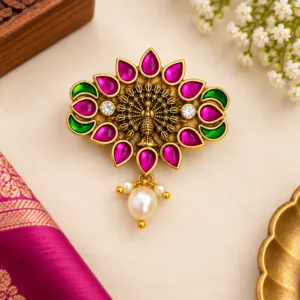 Peacock Design Gold-Tone Brooch with Pearl Drop