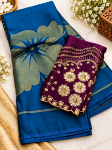 Royal Blue Designer Saree with Maroon Embroidered Blouse