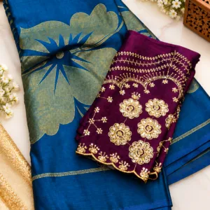 Royal Blue Designer Saree with Maroon Embroidered Blouse