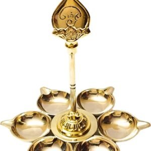 Elegant Brass Kumkum & Diya Stand (6 Bowl Design)