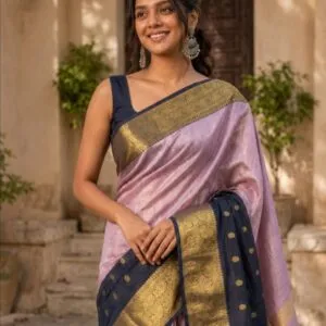 Elegant Pink & Navy Blue Saree with Rich Gold Zari Border