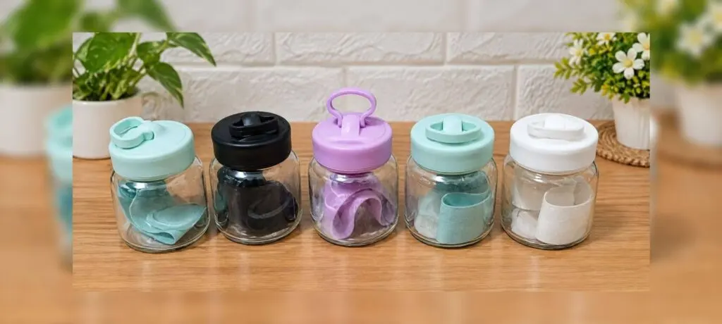mini glass water bottles and fat cups with mobile holder lids.