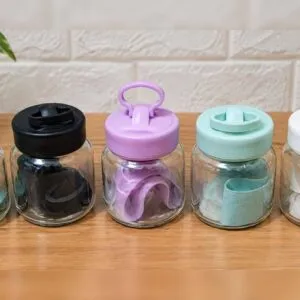 mini glass water bottles and fat cups with mobile holder lids.