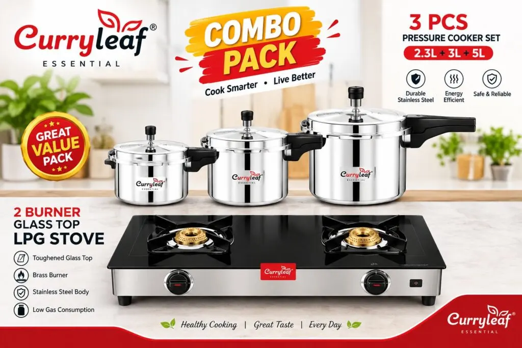 Curryleaf Essential Pressure Cooker & Glass Top Gas Stove Combo Pack