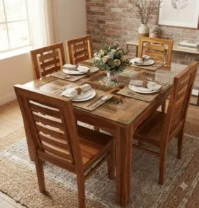 Teakwood Dining table (+6chairs) Top 5×3 Glass
