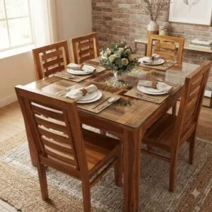 Teakwood Dining table (+6chairs) Top 5×3 Glass