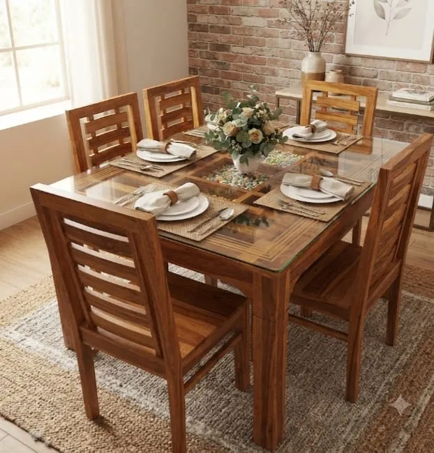 Teakwood Dining table (+6chairs) Top 5x3 Glass