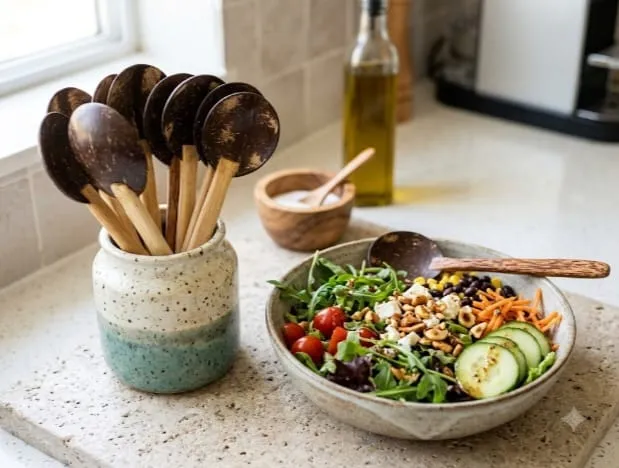 Coconut Shell Wooden Handle Spoon ( 12 pec)